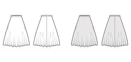 Skirt midi round technical fashion illustration with knee lengths silhouette, circular fullness, thin waistband. Flat bottom template front, back, white grey color style. Women, men, unisex CAD mockupのイラスト素材