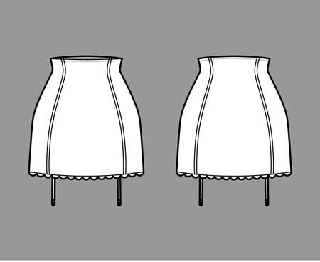 Gather skirt High Waist stretch lingerie technical fashion illustration with scalloped bottom. Flat template front, back white color style. Women men unisex underwear CAD mockupのイラスト素材