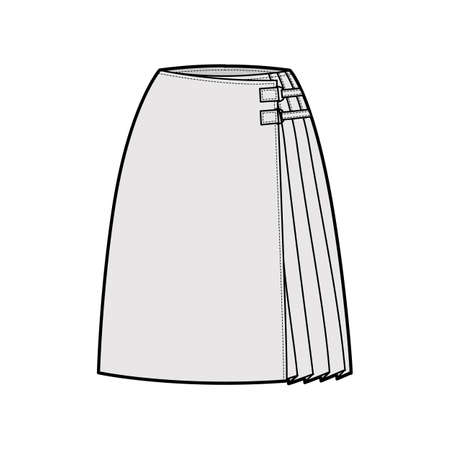Skirt kilt wrap technical fashion illustration with straight knee silhouette, close with carabiner connector. Flat bottom template front, grey color style. Women, men, unisex CAD mockupのイラスト素材