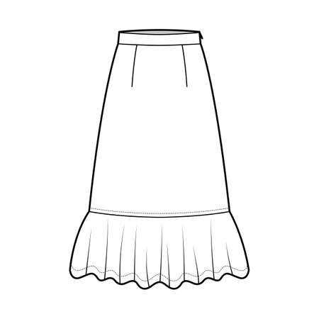 Skirt midi prairie dirndl technical fashion illustration with mid-calf lengths, semi-circular fullness, thick waistband. Flat bottom template front, white color style. Women men unisex CAD mockupのイラスト素材