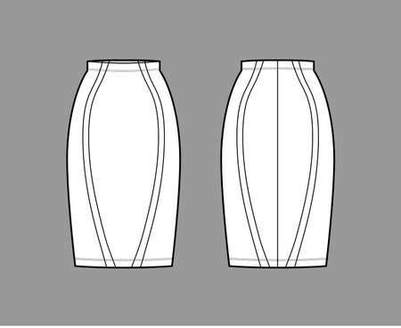 Skirt sheath technical fashion illustration with straight semi fitted knee silhouette, pencil fullness, thin waistband. Flat bottom template front back white color style. Women, men, unisex CAD mockupのイラスト素材