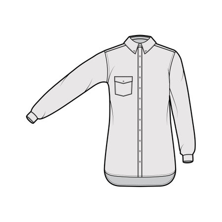 Classic shirt technical fashion illustration with angled pocket, straight long sleeves, relax fit, buttons, regular collar. Flat template front, grey color. Women men unisex top CAD mockupのイラスト素材