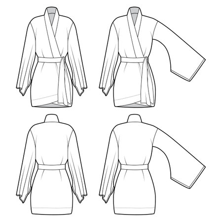 Set of Kimono robe technical fashion illustration with long wide sleeves, belt to cinch the waist, above-the-knee length. Flat blouse template front back white color. Women men unisex CAD shirt mockupのイラスト素材