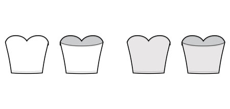 Top crop strapless sweetheart neckline technical fashion illustration with slim fit, waist length. Flat apparel shirt outwear template front, back, white, grey color. Women men unisex CAD mockupのイラスト素材