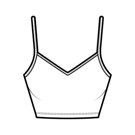 Crop Camisole V-neck cotton-jersey top technical fashion illustration with thin adjustable straps, slim fit. Flat outwear tank template front, white color. Women men unisex CAD mockupのイラスト素材