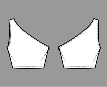 One-shoulder crop top tank technical fashion illustration with fitted slim body, waist length. Flat outwear shirt apparel template front, back, white color. Women, men unisex CAD mockupのイラスト素材