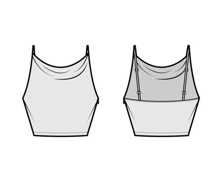 Tank high cowl Crop Camisole technical fashion illustration with thin adjustable straps, slim fit, waist length. Flat outwear top template front, back, grey color. Women men unisex CAD mockupのイラスト素材