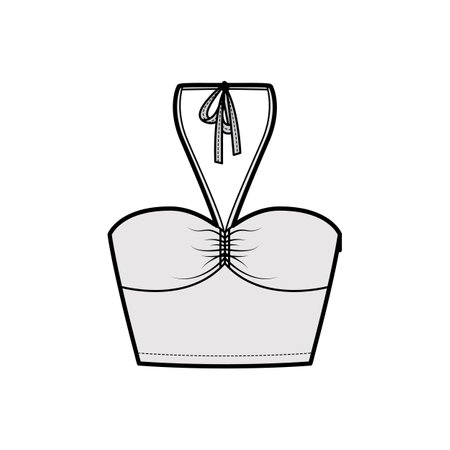 Top crop bandeau neck halter tank cotton-jersey technical fashion illustration with thin tieback, slim fit, bow, waist length. Flat outwear template front, grey color. Women men unisex CAD mockupのイラスト素材