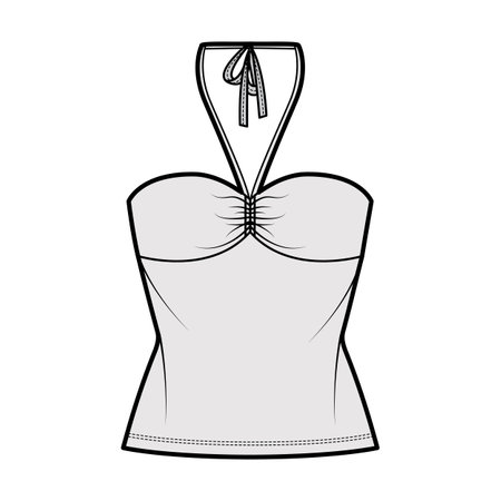 Top bandeau neck halter tank cotton-jersey technical fashion illustration with thin tieback, slim fit, bow, tunic length. Flat outwear template front, grey color. Women men unisex CAD mockupのイラスト素材