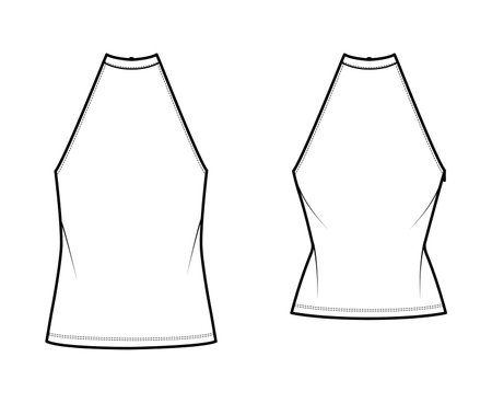 Set of Tops high neck halter tanks technical fashion illustration with bow, slim, oversized fit, waist length. Flat outwear apparel template front, white color. Women men unisex CAD mockupのイラスト素材