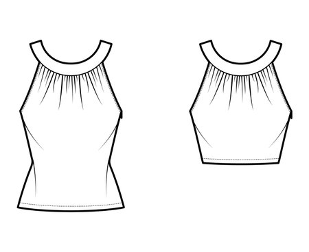 Set of Tops rounded neck band tank technical fashion illustration with ruching, fitted body, tunic and waist length hem, button keyhole. Flat template front white color. Women, men unisex CAD mockupのイラスト素材
