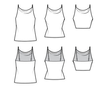 Set of Tanks high cowl Camisole technical fashion illustration with empire seam, thin adjustable straps, Crop or tunic length, slim or oversized fit. Flat top template front back. Women men CAD mockupのイラスト素材