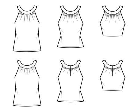 Set of Tops rounded neck band tank technical fashion illustration with ruching, fitted and oversized body, tunic and waist length hem. Flat template front, back, white color. Women, men CAD mockupのイラスト素材