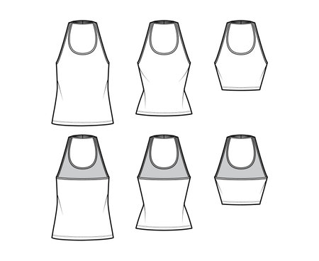 Set of Tanks halter scoop neck tops technical fashion illustration with slim, oversized fit, waist, crop length. Flat apparel outwear template front, back, white color. Women men unisex CAD mockupのイラスト素材