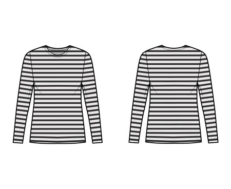 Shirt sailor basque technical fashion illustration with long sleeves, tunic length, scoop neck, oversized. Apparel french top outwear template front, back, grey color. Women men unisex CAD mockupのイラスト素材