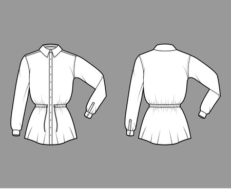 Shirt drawstring gathered waist technical fashion illustration with tie, folded long sleeves, tunic length. Flat apparel top outwear template front, back, white color. Women men unisex CAD mockupのイラスト素材