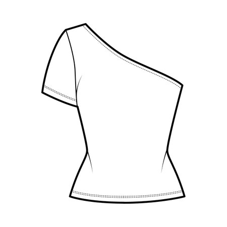One shoulder t-shirt technical fashion illustration with short sleeve, slim fit, stretch jersey. Flat apparel top outwear template front, white color. Women men unisex CAD mockupのイラスト素材