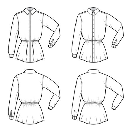 Set of Shirt drawstring gathered waist technical fashion illustration with elbow folded long sleeves, tunic length. Flat apparel outwear template front, back, white color. Women men unisex CAD mockupのイラスト素材