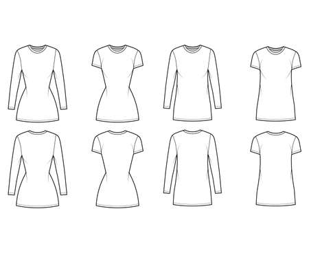 Set of T-shirt mini dresses technical fashion illustration with crew neck, long and short sleeves, oversized and fitted. Flat apparel template front, back, white color. Women, men, unisex CAD mockupのイラスト素材
