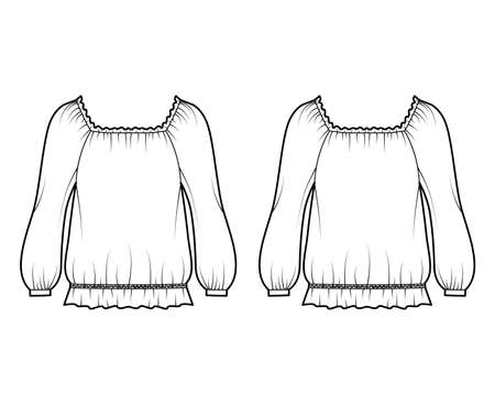 Peasant blouse technical fashion illustration with bouffant long sleeves, gathered wide scoop and hem, oversized. Flat shirt apparel top template front, back, white color. Women men unisex CAD mockupのイラスト素材