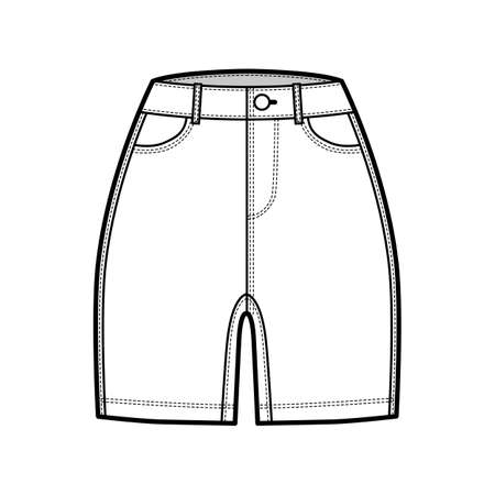 Denim short pants technical fashion illustration with mid-thigh length, normal waist, high rise, curved 5 pockets. Flat bottom template front, white color style. Women, men, unisex CAD mockupのイラスト素材
