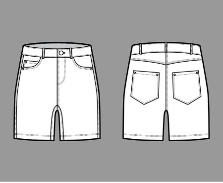 Denim short pants technical fashion illustration with mid-thigh length, low waist, rise, curved, angled 5 pockets. Flat bottom template front, back, white color style. Women, men, unisex CAD mockupのイラスト素材