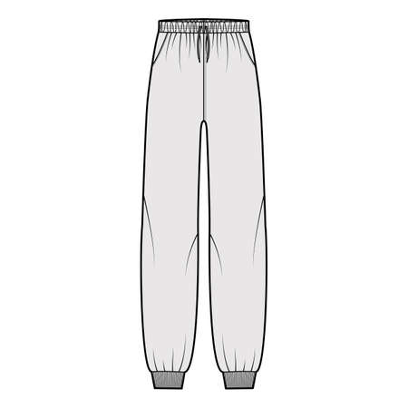 Sweatpants technical fashion illustration with elastic cuffs, low waist, rise, full length, drawstrings. Flat knit training trousers apparel template front, grey color. Women men unisex CAD mockupのイラスト素材