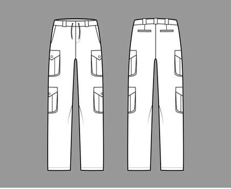 Set of cargo pants technical fashion illustration with low waist, rise, pockets, belt loops, full lengths. Flat bottom apparel template front back, white, color style. Women, men, unisex CAD mockupのイラスト素材
