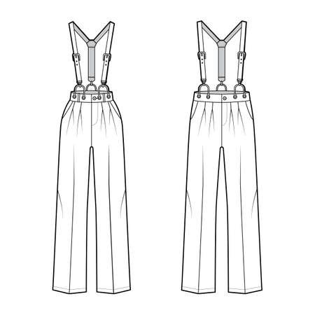 Set of Suspender Pants Dungarees technical fashion illustration with full length, normal low waist, high rise, pockets. Flat apparel garment bottom front white color style. Women men unisex CAD mockupのイラスト素材