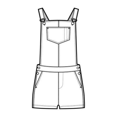 Dungarees Denim overall jumpsuit technical fashion illustration with micro length, normal waist, high rise, pockets, Rivets. Flat apparel front, white color style. Women, men unisex CAD mockupのイラスト素材