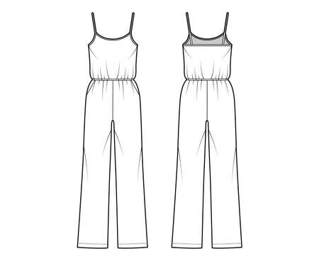 Camisole jumpsuit Dungaree overall technical fashion illustration with full length, normal elastic waist, oversized, pockets. Flat front back, white color style. Women, men unisex CAD mockupのイラスト素材
