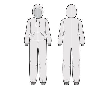 overall jumpsuit sleepwear technical fashion illustration with full length, oversized, hood, zip closure, kangaroo pouch. Flat Dungaree front back, grey color style. Women men unisex CAD mockupのイラスト素材