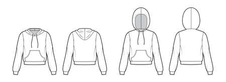 Set of Hoody sweatshirt technical fashion illustration with elbow long sleeves, relax body, kangaroo pouch, banded hem. Flat apparel template front, back, white color. Women, men, unisex CAD mockupのイラスト素材