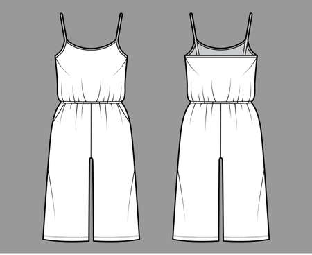 Camisole jumpsuit Dungaree overall technical fashion illustration with knee length, normal elastic waist, oversized, pockets. Flat front back, white color style. Women, men unisex CAD mockupのイラスト素材