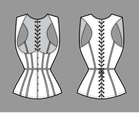Corset gilet vest technical fashion illustration with sleeveless, Cord lacing back closure, slim fit, Whales. Flat apparel template front, white color style. Women, men, unisex top CAD mockupのイラスト素材