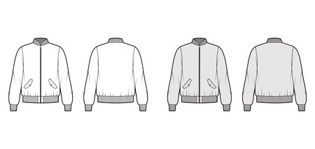 Zip Up Bomber Ma 1 Flight Jacket Technical Fashion Illustration With Rib Baseball Collar Cuffs Long Sleeves Flap Pockets Flat Template Front Back White Grey Color Women Men Unisex Top Cad Mockupのイラスト素材 ストックフォト 写真素材のstock Foto
