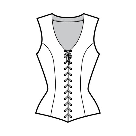 Bodice vest waistcoat technical fashion illustration with sleeveless, V-neck, lacing front closure, fitted body. Flat template back, white, grey color style. Women, men, unisex top CAD mockupのイラスト素材