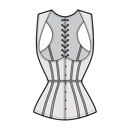 Corset gilet vest technical fashion illustration with sleeveless, Cord lacing back closure, slim fit, Whales. Flat apparel template front, grey color style. Women, men, unisex top CAD mockupのイラスト素材