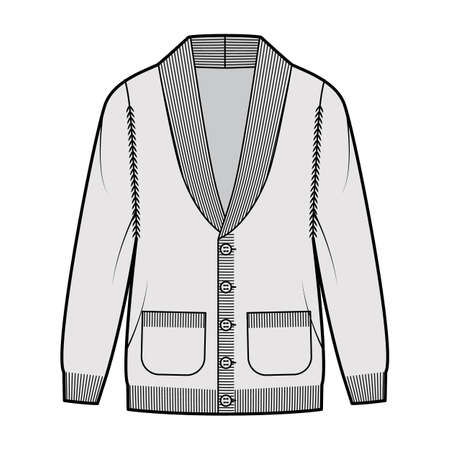 Cardigan Shawl collar Sweater technical fashion illustration with long sleeves, oversized, hip length, knit rib trim, button closure. Flat apparel front, grey color style. Women, men unisex CAD mockupのイラスト素材