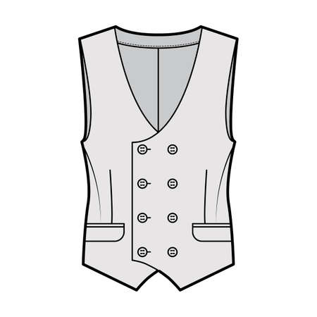 Double breasted vest waistcoat technical fashion illustration with sleeveless, button-up closure, flap pockets, fitted body. Flat template front, grey color style. Women, men, unisex top CAD mockupのイラスト素材