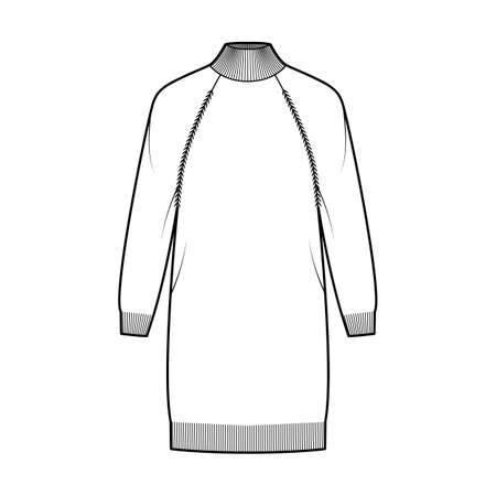 Dress Turtleneck Sweater technical fashion illustration with long raglan sleeves, oversized body, knee length, knit trim. Flat jumper apparel front, white color style. Women men unisex CAD mockupのイラスト素材