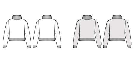 Sweater cropped Exaggerated Turtleneck technical fashion illustration with long sleeves, relax fit, waist length, knit rib trim. Flat apparel front, back, white grey color style. Women, men unisex CADのイラスト素材