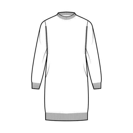 Dress Fisherman Sweater technical fashion illustration with rib crewneck, long sleeves, oversized, knee length, knit trim. Flat jumper apparel front, white color style. Women men unisex CAD mockupのイラスト素材