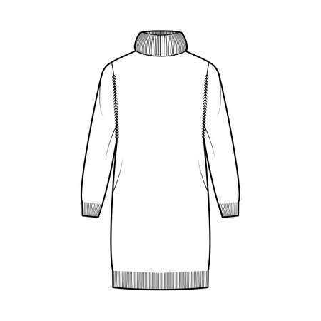 Sweater dress Exaggerated Turtleneck technical fashion illustration with long sleeves, relax fit, knee length, knit rib trim. Flat apparel front, white color style. Women, men unisex CAD mockupのイラスト素材