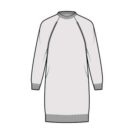 Fisherman dress Sweater technical fashion illustration with rib crewneck, long raglan sleeves, hip length, knit trim. Flat jumper apparel front, grey color style. Women men unisex CAD mockupのイラスト素材