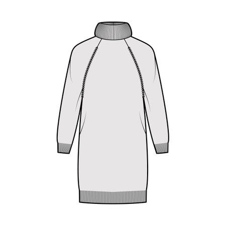 Sweater dress Exaggerated Turtleneck technical fashion illustration with long raglan sleeves, relax fit, knee length, knit rib trim. Flat apparel front, grey color style. Women, men unisex CAD mockupのイラスト素材