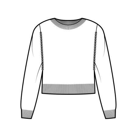 Crew neck cropped Sweater technical fashion illustration with long sleeves, relax fit, waist length, knit rib trim. Flat jumper apparel front, white color style. Women, men unisex CAD mockupのイラスト素材