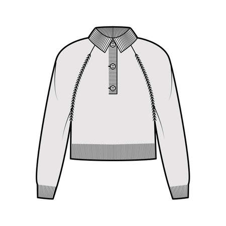 Cropped Polo Sweater technical fashion illustration with rib henley neck, classic collar, long raglan sleeves, relax fit, knit trim. Flat garment apparel front, grey color style. Women, men CAD mockupのイラスト素材