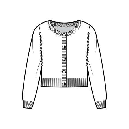 Round neck cropped cardigan sweater technical fashion illustration with long sleeves, oversized body, knit rib cuff. Flat jumper apparel front, white color style. Women, men unisex CAD mockupのイラスト素材