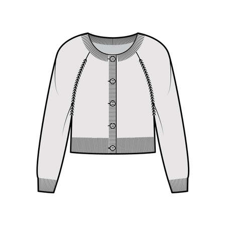 Round neck cardigan cropped sweater technical fashion illustration with long raglan sleeves, relax body, knit rib cuff. Flat jumper apparel front, grey color style. Women, men unisex CAD mockupのイラスト素材